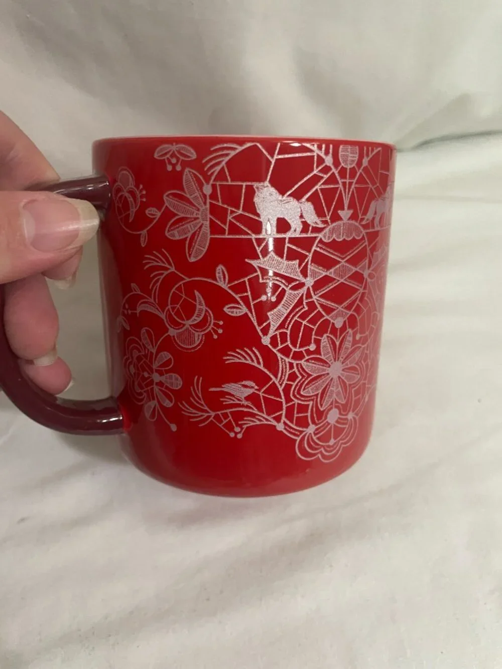 Starbucks 2022 Holiday Woodland Red Pink Ceramic Coffee Mug 14 oz Deer Fox